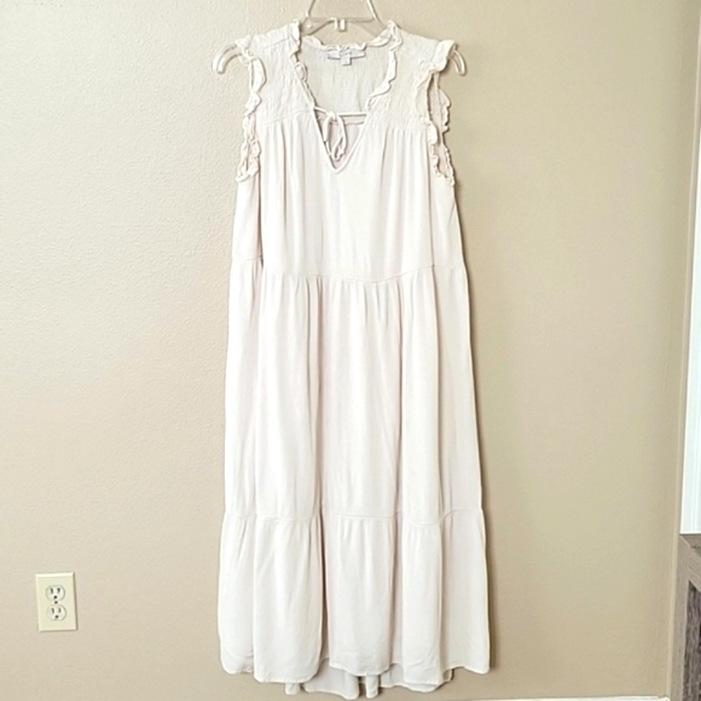 LOFT Cream Linen Blend Ruffle Tiered Boho Midi Dress - Size Large